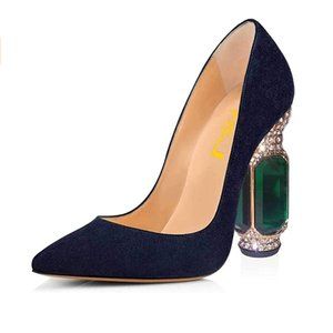 FSJ Navy Suede Bridal Pointed Toe Chunky Block Heel Crystal Pumps Wedding Shoes